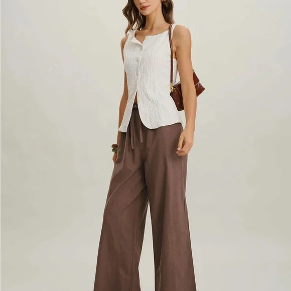 Coffee Elastic Waist Wide Leg Pants - Picture 5 of 5